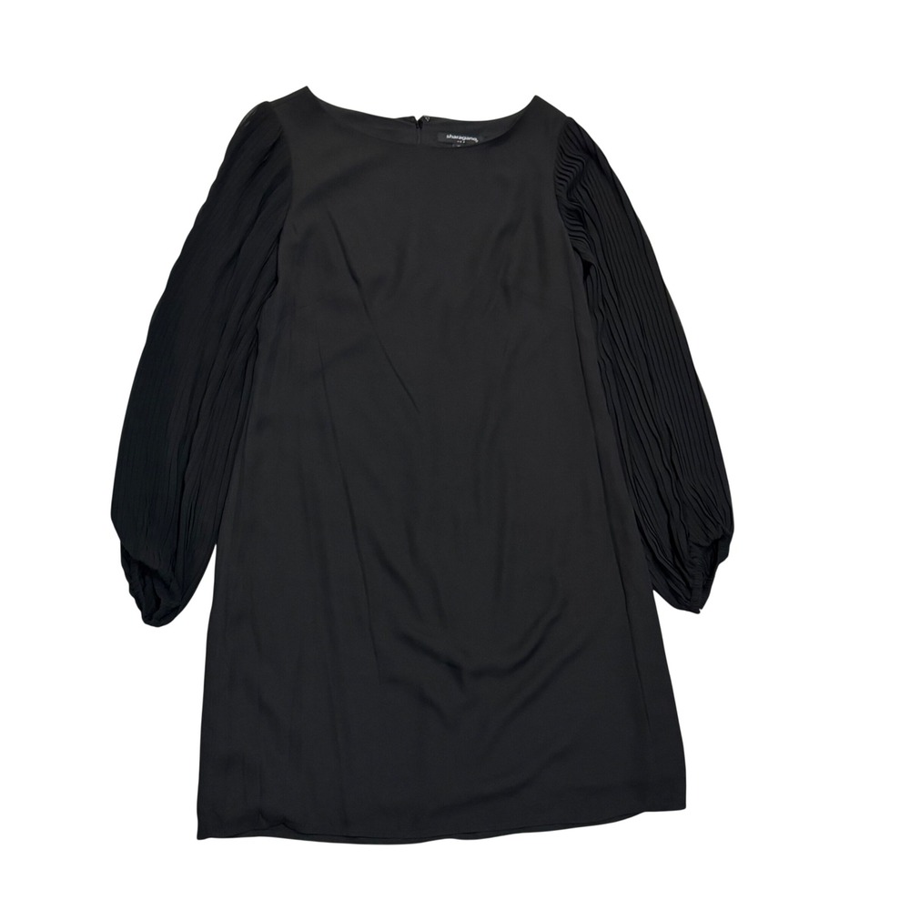 Sharagano Shift Dress Women 10 Black Pleated Sheer Long Sleeve Boat Neck $128